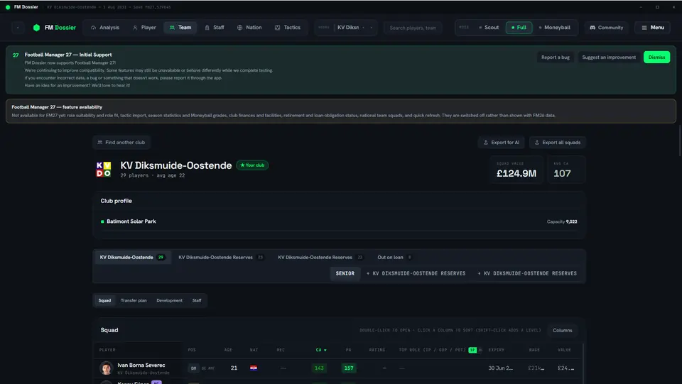 FM Dossier club view on a Football Manager 27 career: club name, stadium and capacity, tabs for the first team with 29 players, two reserve sides and 8 players out on loan, and the start of the squad table.