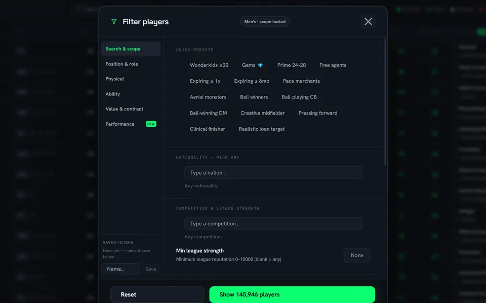 FM Dossier’s player search with the filter panel open: sections for search and scope, position and role, physical, ability, value and contract and performance, plus quick presets.